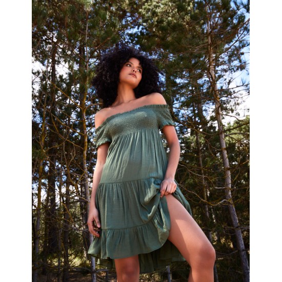 Bardot Shirred Neck Line Floaty Dress Bardot Shirred Neck Line Floaty Dress