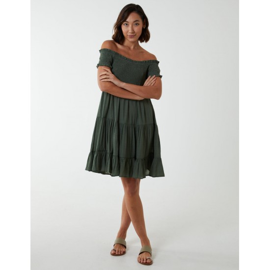 Bardot Shirred Neck Line Floaty Dress Bardot Shirred Neck Line Floaty Dress