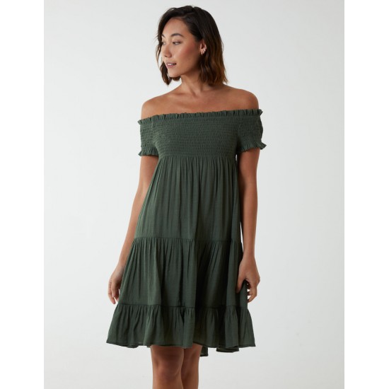 Bardot Shirred Neck Line Floaty Dress Bardot Shirred Neck Line Floaty Dress