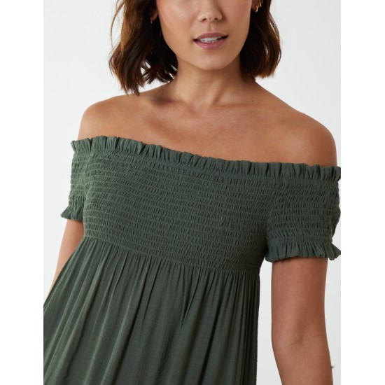 Bardot Shirred Neck Line Floaty Dress Bardot Shirred Neck Line Floaty Dress
