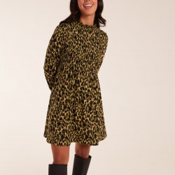 Shirred Trapeze Frill Neck And Sleeve Mini Dress