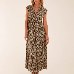 Geometric Print Double V-Neck Sleeveless Maxi Dress